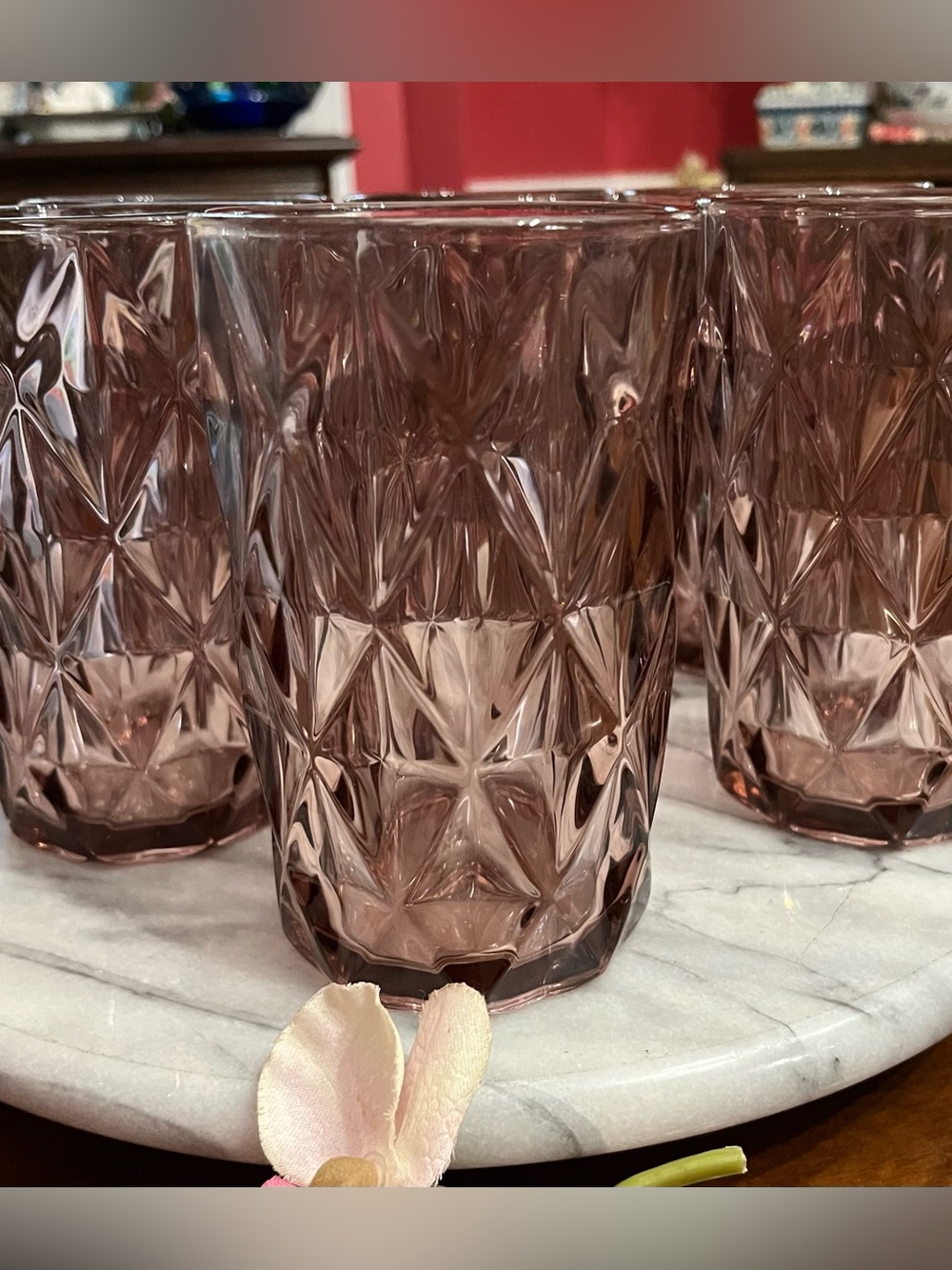 Vtg 1980s Libbey Pink Glass Highball Tumblers Facets Diamond Pattern 6-Set